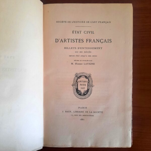 État Civil d'Artistes Français, Hubert Lavigne, Librairie J. Baur, Paris, 1881. – Image 2