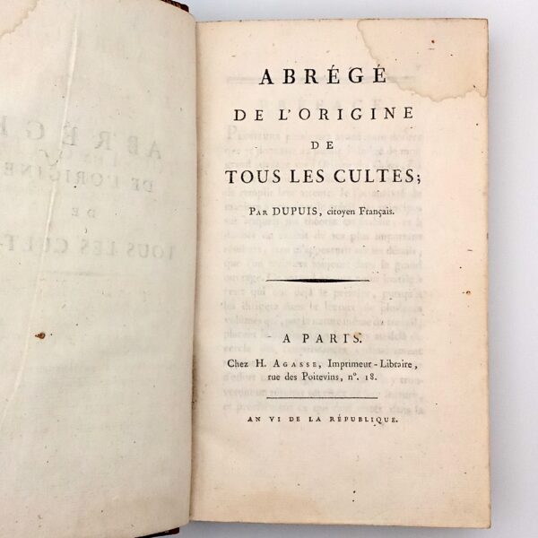 Abrégé de l’Origine de tous les Cultes, Charles-François Dupuis, Édition originale, H. Agasse, Paris, 1798. – Image 2