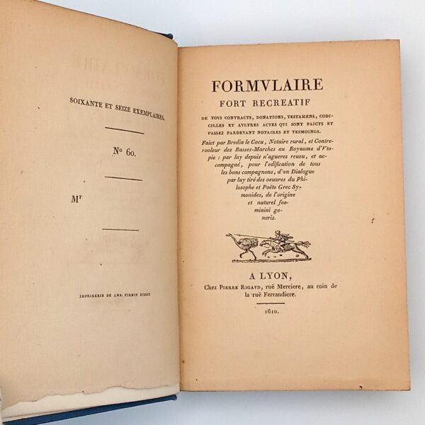 Bredin le Cocu, Benoît du Troncy, Formulaire fort récréatif (...), Lyon, Rigaud, 1610, Techner, 1831. – Image 3